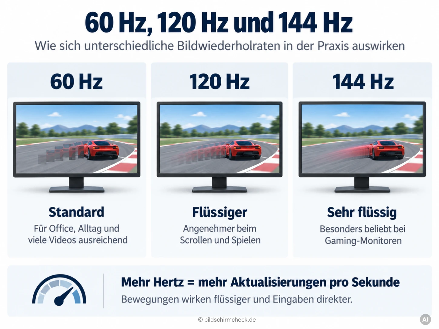 Vergleich von 60, 120 und 144 Hz anhand derselben Rennszene auf drei Monitoren mit schematisch dargestellten Bewegungsabläufen.