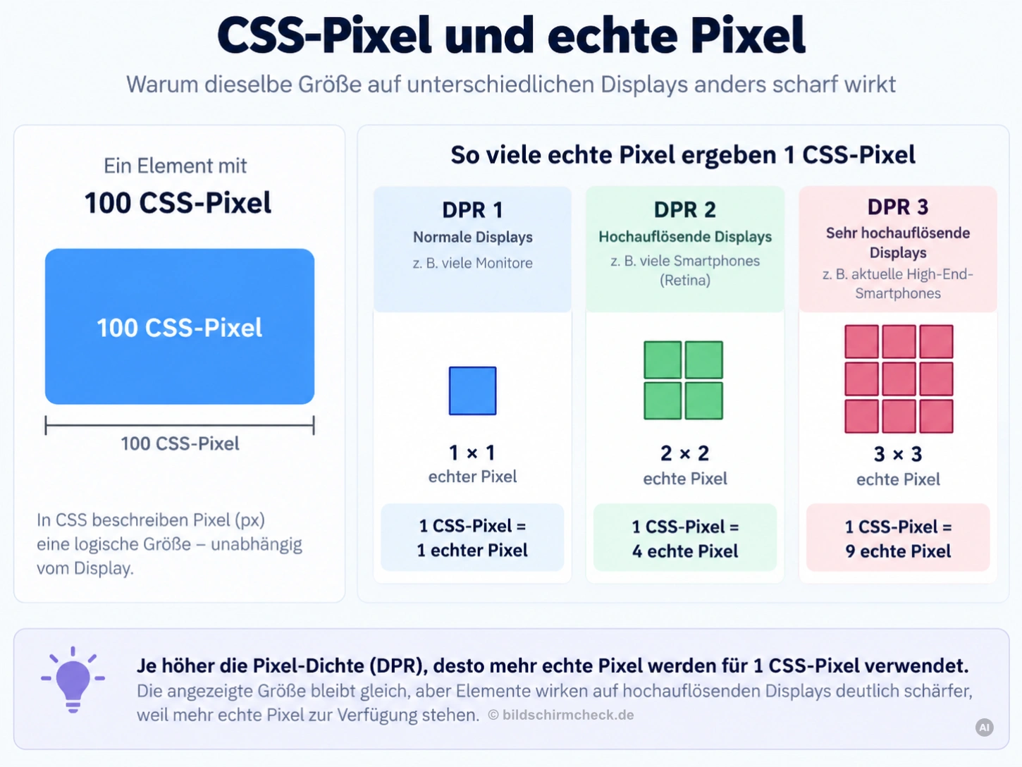CSS-Pixel und Gerätepixel: Bei DPR 1 besteht die Fläche eines CSS-Pixels aus einem Gerätepixel, bei DPR 2 aus einem 2-mal-2-Raster und bei DPR 3 aus einem 3-mal-3-Raster.