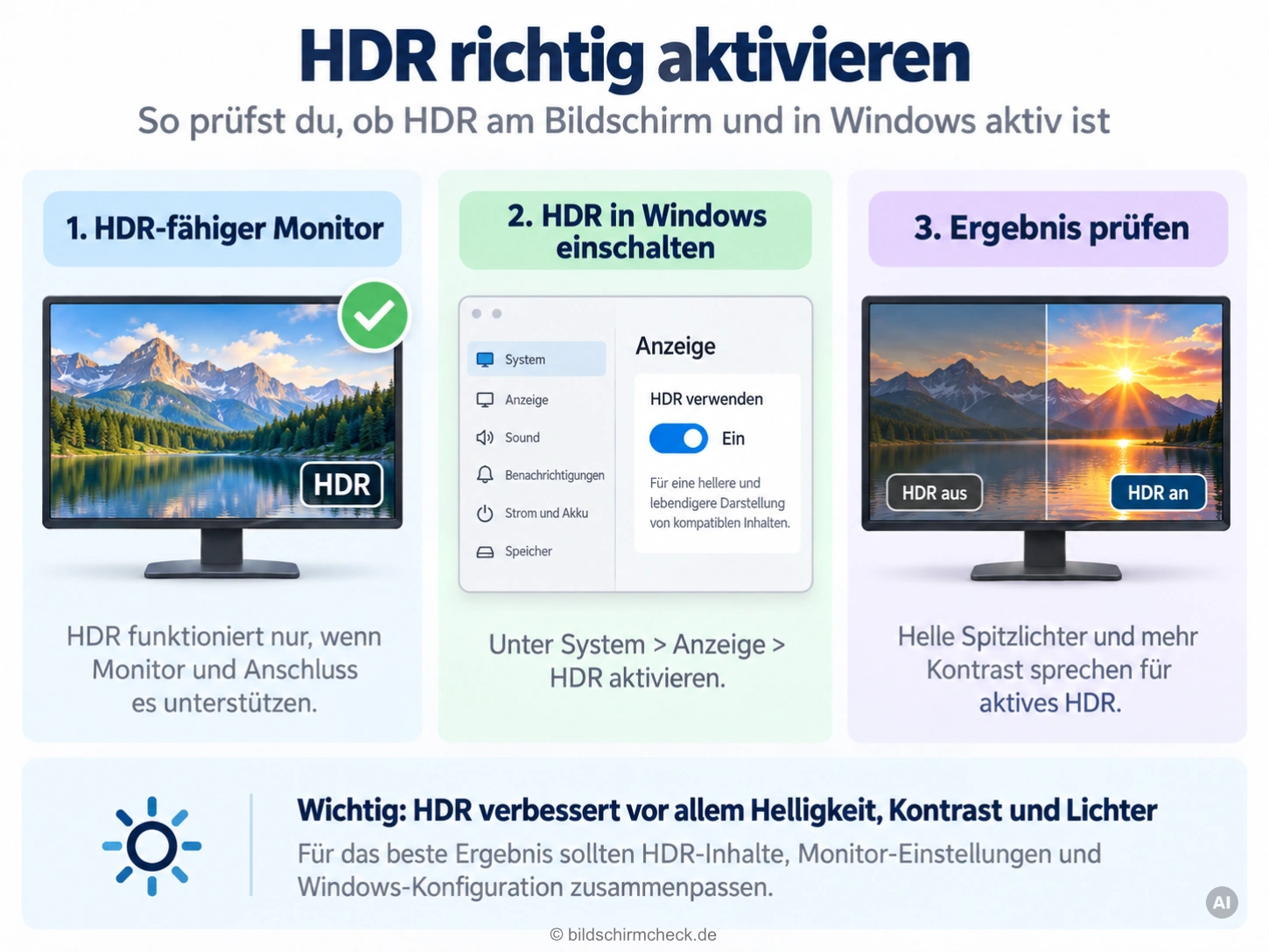 Infografik zur HDR-Aktivierung: HDR-fähigen Monitor und Verbindung prüfen, HDR in Windows einschalten und die Wiedergabe mit HDR-Inhalten kontrollieren.