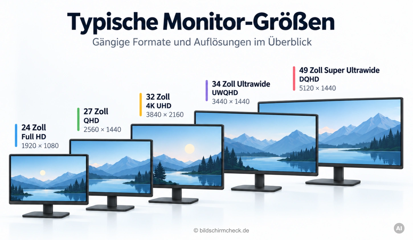 Beispielmonitore: 24 Zoll mit 1920 × 1080, 27 Zoll mit 2560 × 1440, 32 Zoll mit 3840 × 2160, 34 Zoll mit 3440 × 1440 und 49 Zoll mit 5120 × 1440 Pixeln.
