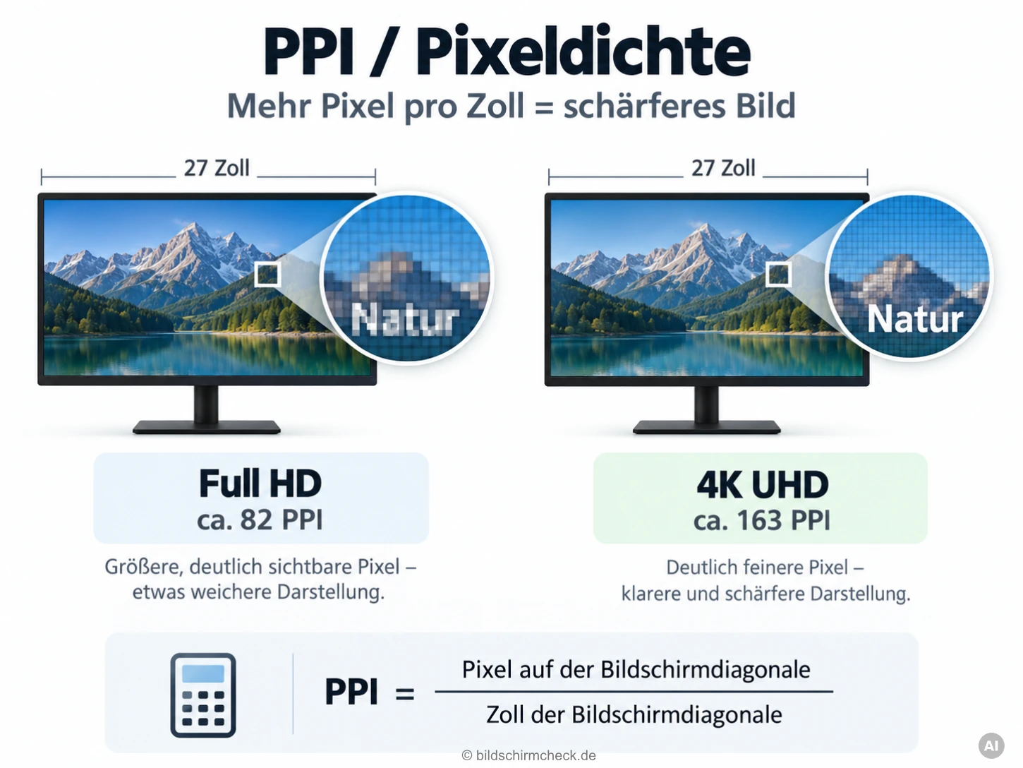 Zwei Monitore mit 27 Zoll Bildschirmdiagonale: Full HD mit ungefähr 82 PPI und 4K UHD mit ungefähr 163 PPI. Vergrößerte Ausschnitte zeigen die unterschiedlichen Pixelgrößen.