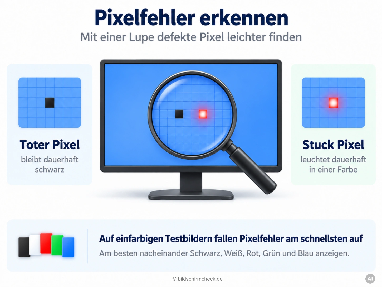 Lupe vor einem Monitor mit blauem Testbild: Der vergrößerte Ausschnitt zeigt schematisch einen schwarzen und einen rot leuchtenden Fehlerpixel.